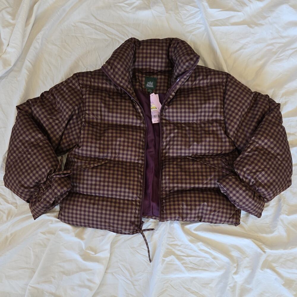 Wild Fable Purple Brown Plaid Zip Drawstring Puffer Jacket Women’s M Short